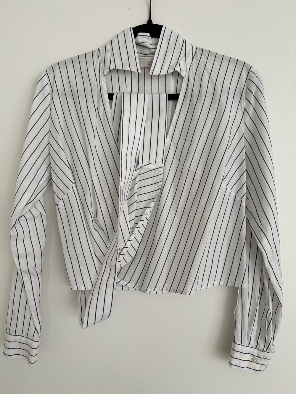 LOFT White Blouse with Black Pinstripes and Wrap Front
